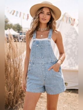 Crossroads Denim Overall Shorts Size 10 Light Wash Adjustable Straps